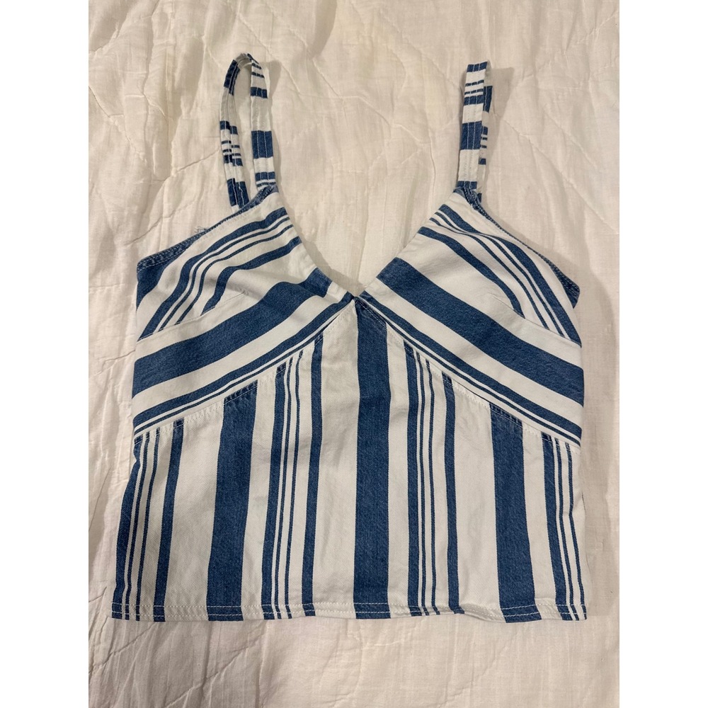 Blue White Striped Denim Lace Up Back Camisole V-Neck Crop Top Small